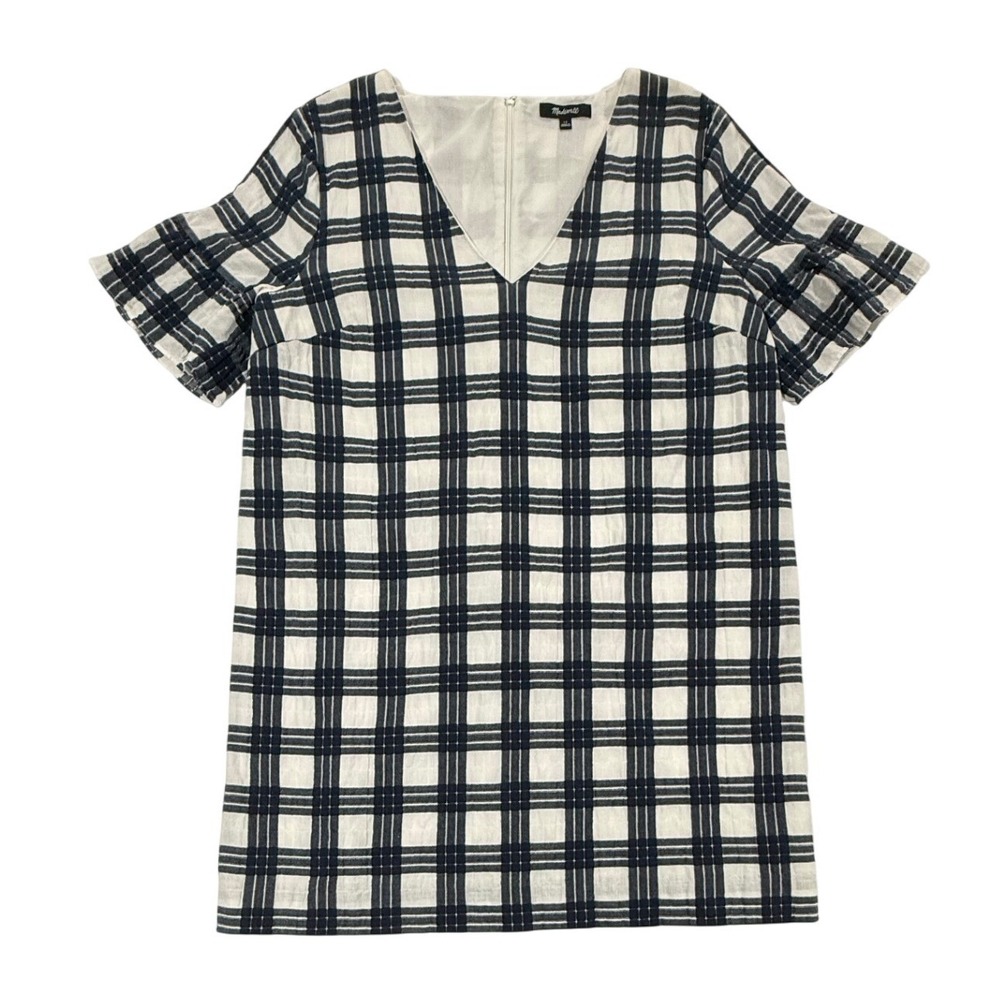 Madewell Leighton Navy White Plaid Dress Ruffle Sleeves Womens Size 12 W487
